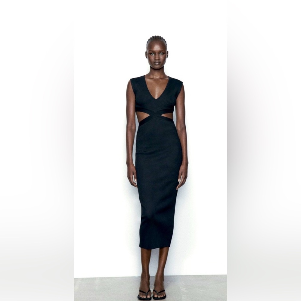 NWOT Zara Black Midi Dress with Cutouts Size S